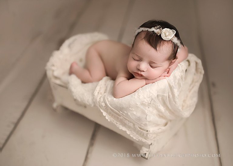 A Newborn Photographer In Gainsville captures a newborn baby sleeping in a basket. 