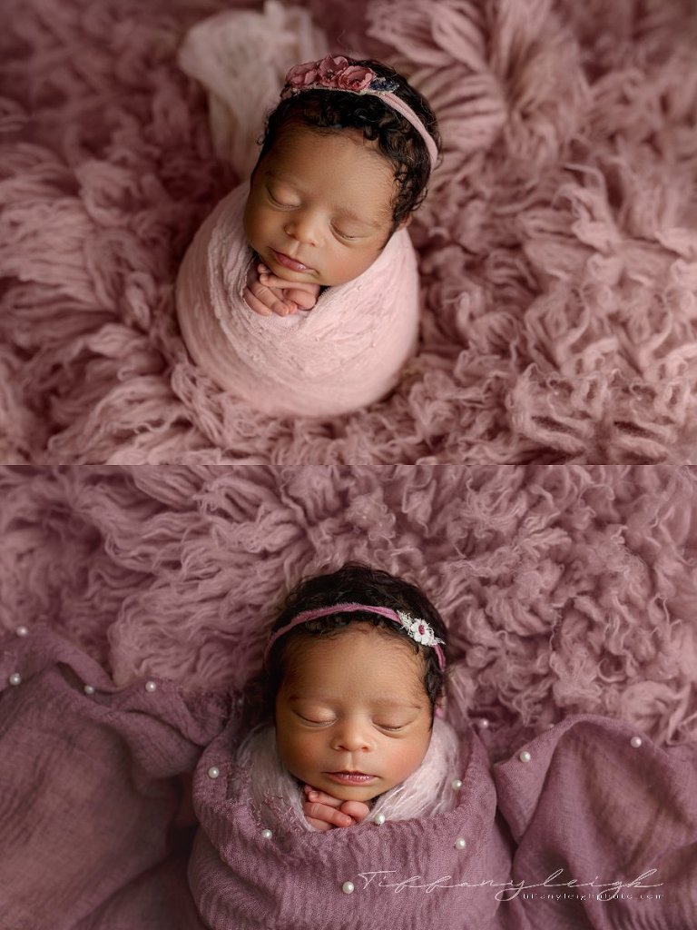 baby girl wrapped in purple