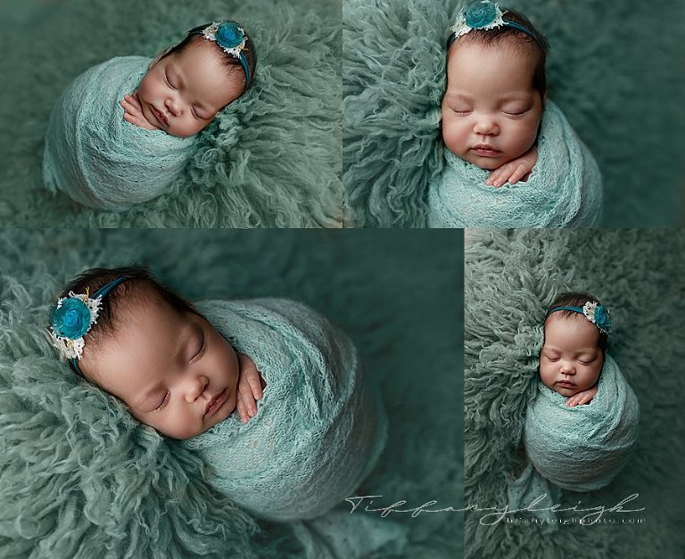 little girl on mint rug newborn