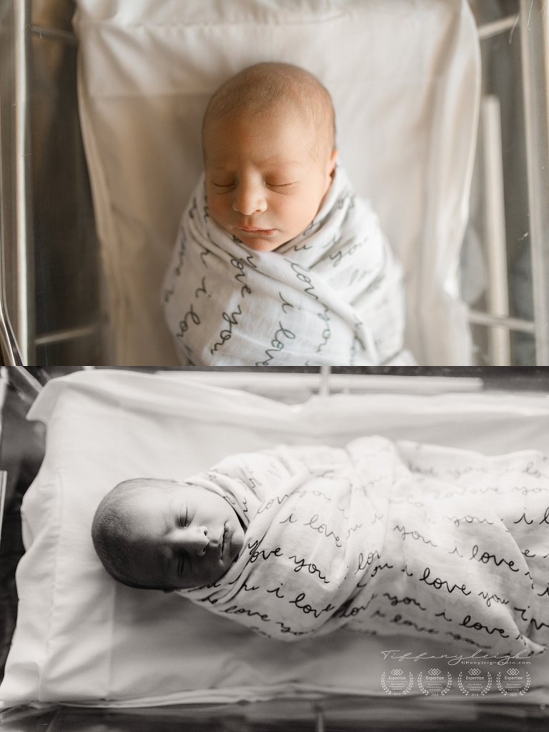 baby boy in bassinet hospital hat