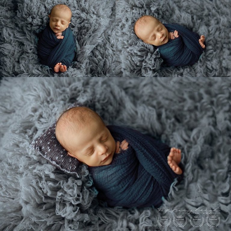 baby swaddled on blue