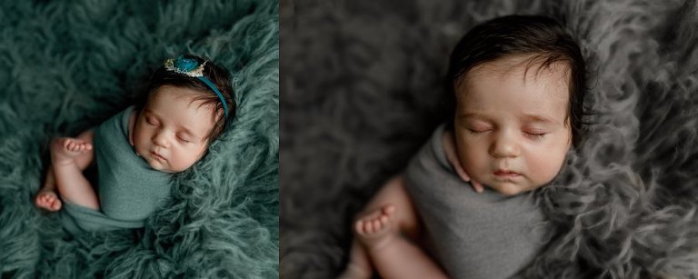 baby wrapped on rug photography