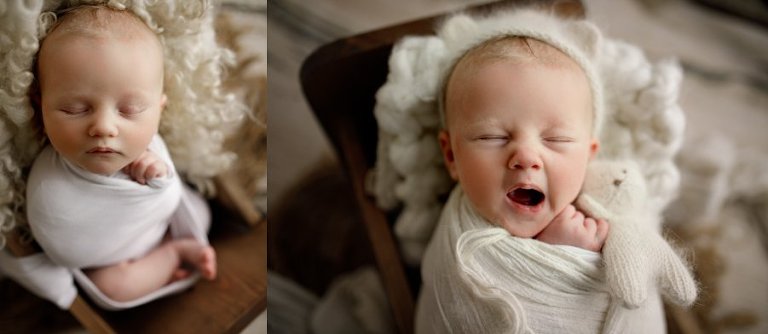 Adorable bear yawn newborn on white