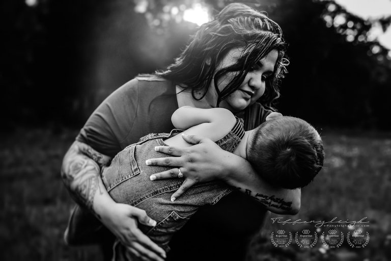 black and white mom and son