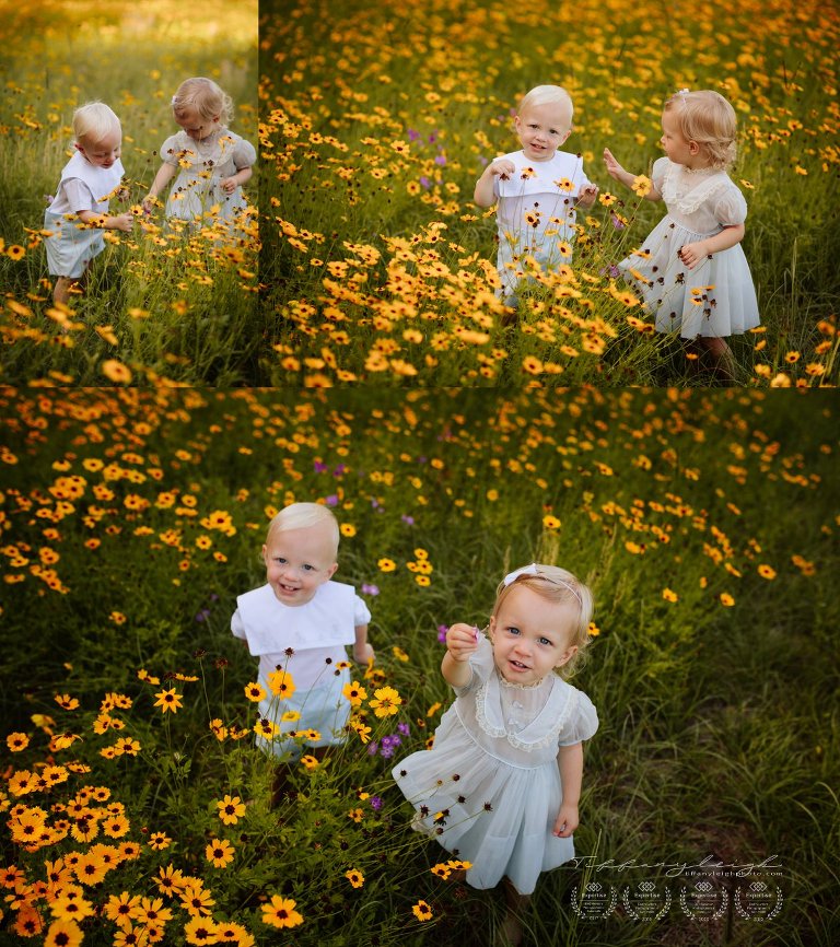 boy girl twins having fun in flowers