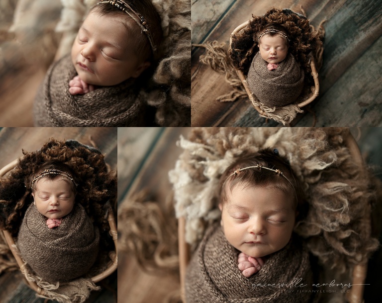 baby wrapped in prop earth tones.